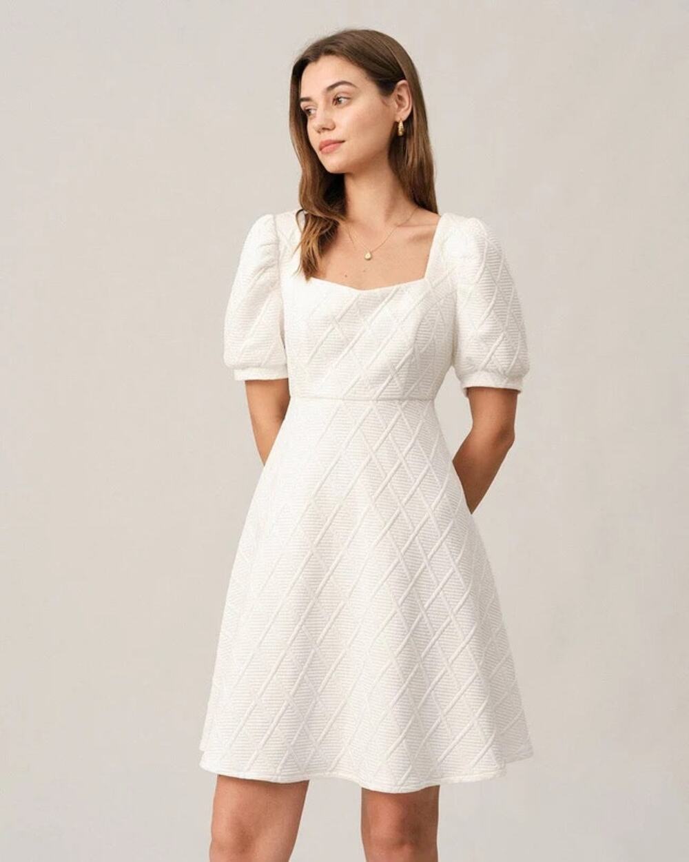 Rihoas The Diamond Textured Puff Sleeve Mini Dress White Small NWT